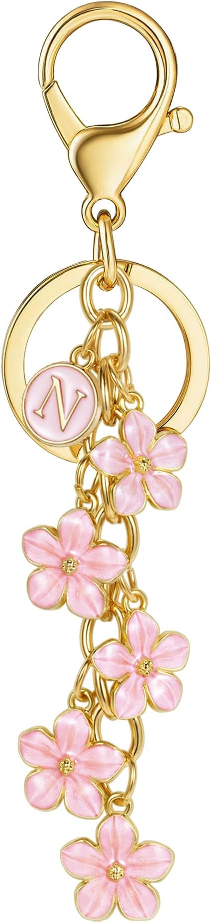 XGALBLA White Pink Black Cute Initial Letter Keychain for Women, Flower Bag Charms Enamel Keyring for Handbag Backpack