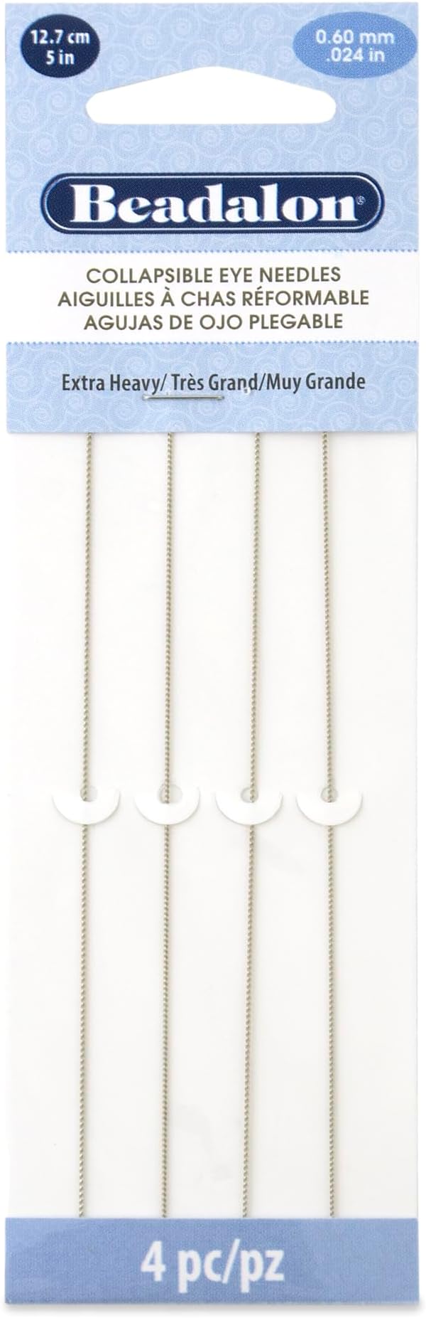 Beadalon Collapsible Eye Beading Needles, Extra Heavy, 0.60 mm / .024 inches Diameter, 5 inches Length, 4 pc