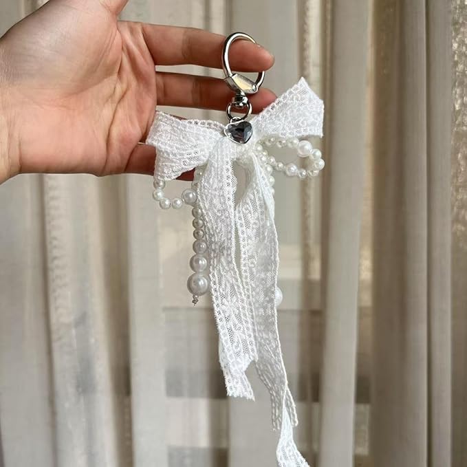 Pearl Bow Keychain Cute Y2k Lace Bowknot Keychain Coquette Aesthetic Accessories Bag Purse Handbag Backpack Charm