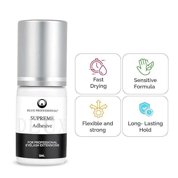 DLUX PROFESSIONAL Eyelash Extension Glue for Professionals - 8 Weeks Retention, 1 Sec Drying Time, Latex Free Semi Permanent Individual & Volume Lash Extension Glue