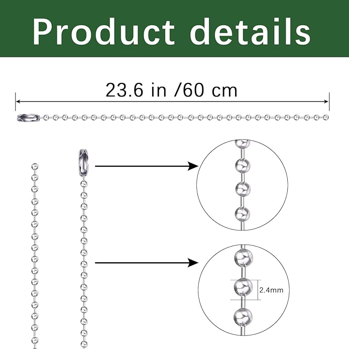 100 pcs Dog Tag Chain Ball Chain Necklace Bulk,Military Dog tag Chain for Men Dog tags Chains,Beaded Chain Necklace Chains for Jewelry Making,Silver Nickel Plated Metal 23.6" Long 2.4mm Ball