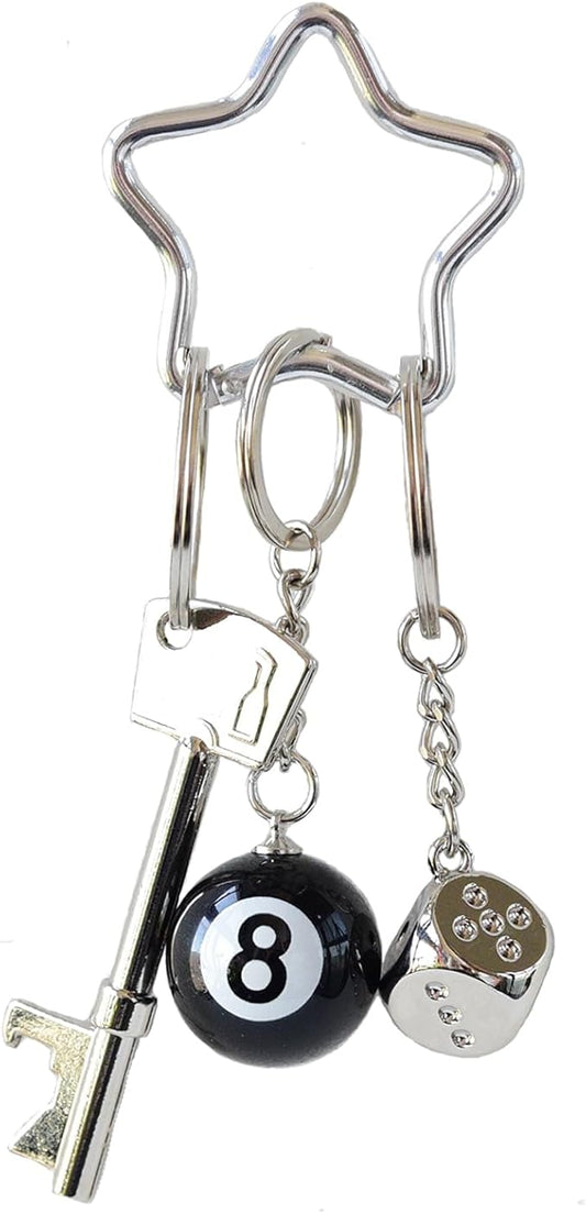 8 Ball Keychain Silver Star Key Chain Bottle Opener Dice Cute Bag Charm Decor for Handbag Backpack Gift for Him Her