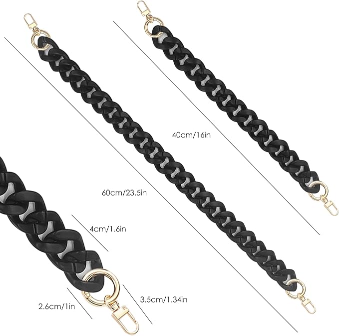 findTop 2 PCS Flat Chain Strap, Black Acrylic Chain Handbag Strap Replacement, DIY Craft (40cm and 60cm)