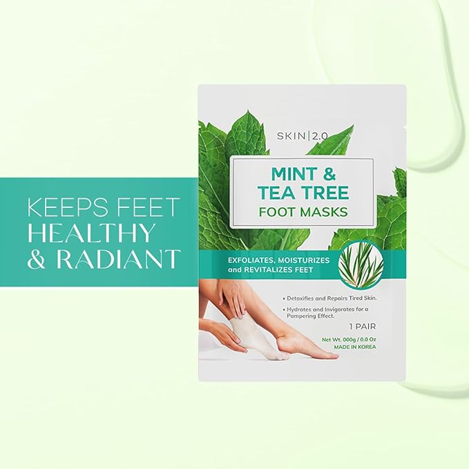 Skin 2.0 Tea Tree & Mint Foot Masks - Fights Athlete's Foot, Detoxifies & Exfoliates, Cooling & Relaxing - Dermatologist Tested Korean Skincare - Clean Beauty, Cruelty-Free, All Skin Types - 3 Pairs