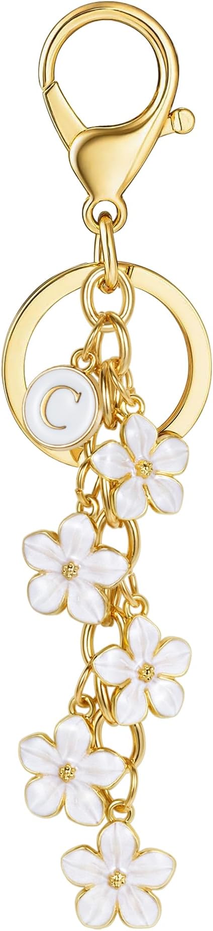 XGALBLA White Pink Black Cute Initial Letter Keychain for Women, Flower Bag Charms Enamel Keyring for Handbag Backpack