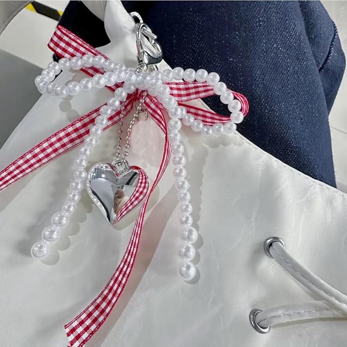 Pearl Bow Keychain Cute Y2k Lace Bowknot Keychain Coquette Aesthetic Accessories Bag Purse Handbag Backpack Charm