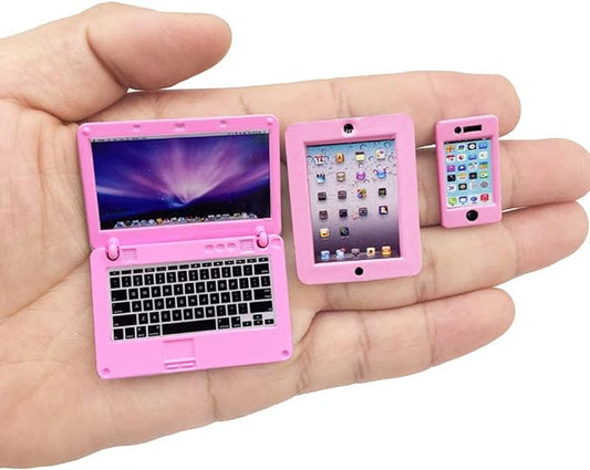 3 Pack Dollhouse Mini Laptop Tablet and Smart Phone Scene Computer Simulation Accessories for Doll 1/6 1/12 Miniatures Silver