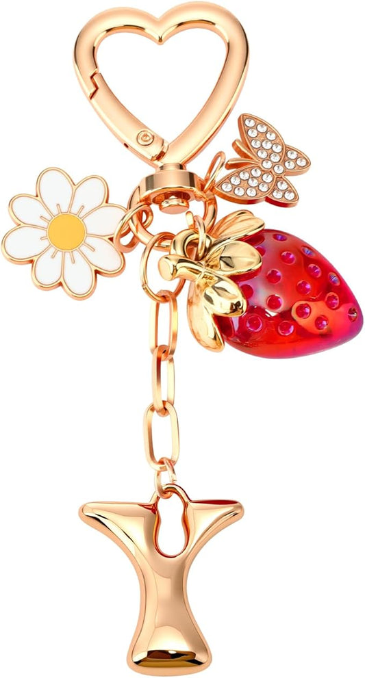 Strawberry Initial Keychain for Women-Cute Kawaii Gold Alphabet Bag Charms, Key chain Gift for Purse Handbag
