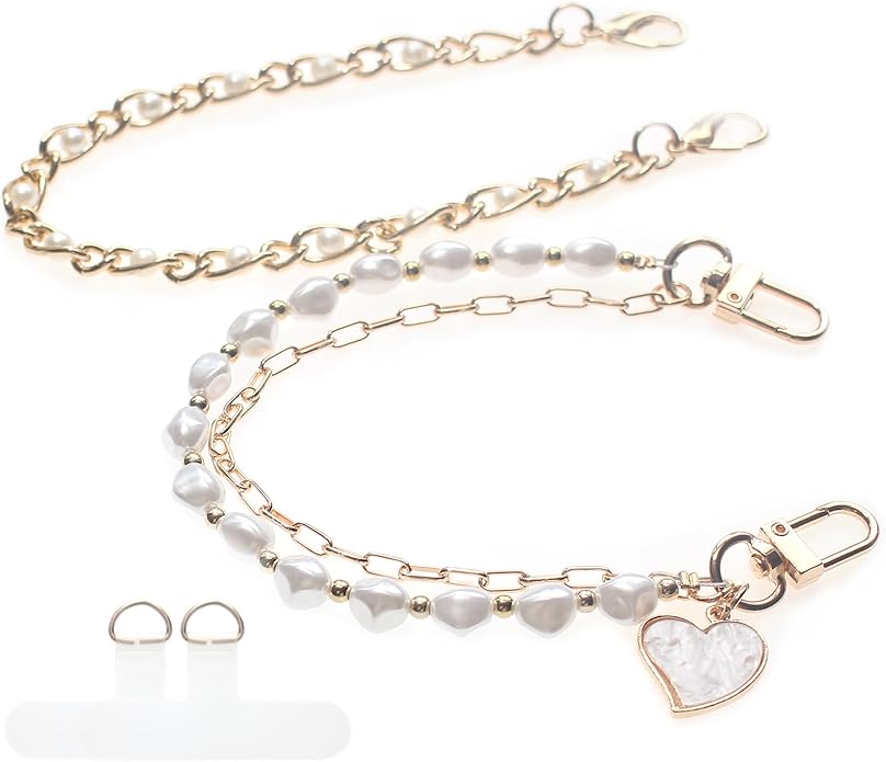 Pearl Beaded Phone Charm Wrist Strap,Cute Bracelet Wristlet Lanyard,Gold Double Chain for Phone Case,Purse Bag Wallet
