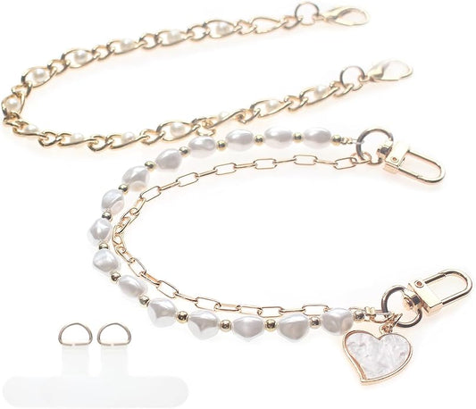 Pearl Beaded Phone Charm Wrist Strap,Cute Bracelet Wristlet Lanyard,Gold Double Chain for Phone Case,Purse Bag Wallet