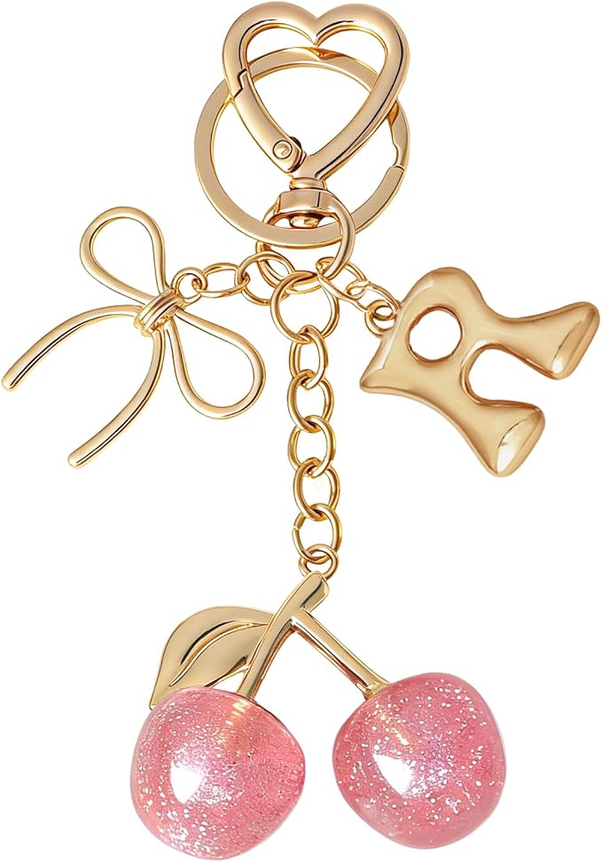 Snycler Bubble Initial Keychain with Cherry & Bow - Gold Letter Bag Charms for Women, Cute Purse Handbag Accessories