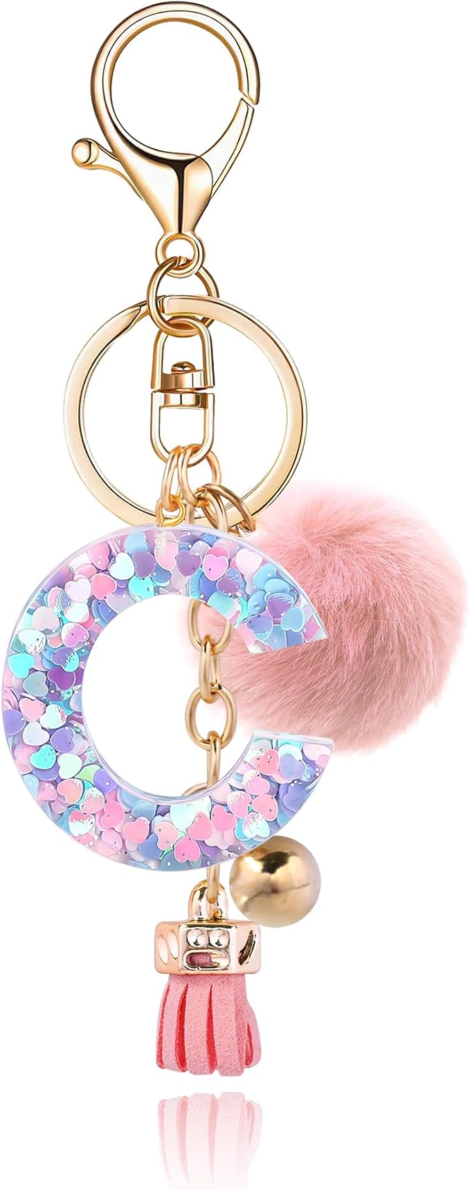 Resin Alphabet Initial Letter Keychain Keyring for Women Purse Handbags With Fur Ball Pom