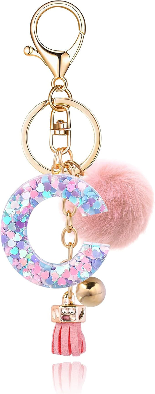 Resin Alphabet Initial Letter Keychain Keyring for Women Purse Handbags With Fur Ball Pom