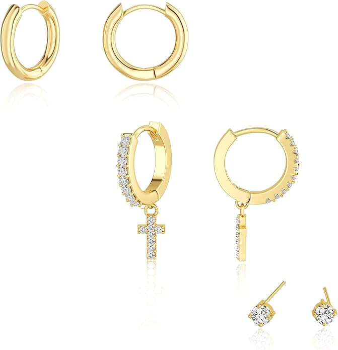 Freekiss 3 Pairs Gold Hoop Earrings Set: Dainty Stud Earrings Trendy Small 14K Gold Plated Hypoallergenic Dangle Cartilage Huggie Hoop Earrings for Women Gold Jewelry for Women Gifts