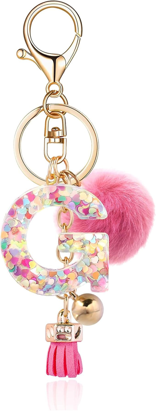 Resin Alphabet Initial Letter Keychain Keyring for Women Purse Handbags With Fur Ball Pom