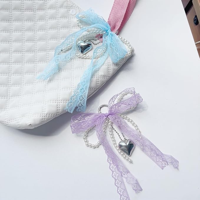Pearl Bow Keychain Cute Y2k Lace Bowknot Keychain Coquette Aesthetic Accessories Bag Purse Handbag Backpack Charm