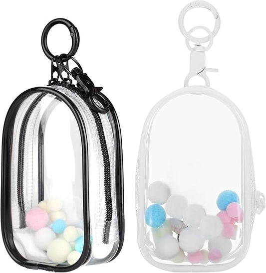 2PCS Clear Character Display Bag Mini Doll Hanging Box with Key Chain, Portable Zipper Closure Dust Guard Set Box - Semi-Circular (Black + Transparent)