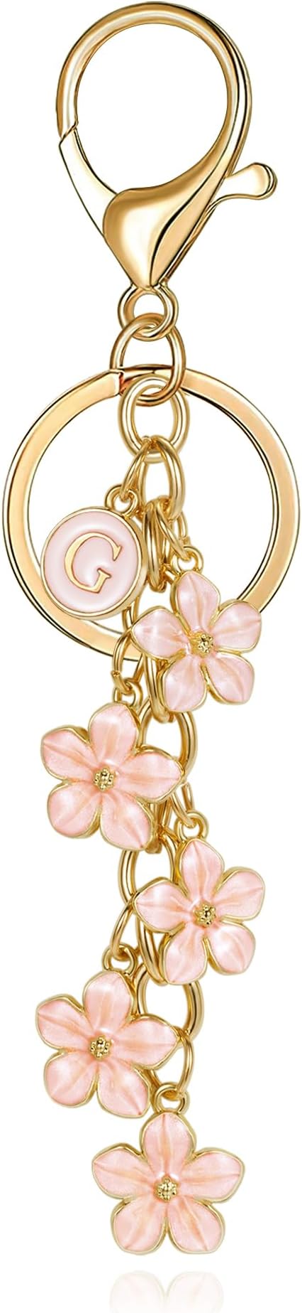 XGALBLA White Pink Black Cute Initial Letter Keychain for Women, Flower Bag Charms Enamel Keyring for Handbag Backpack