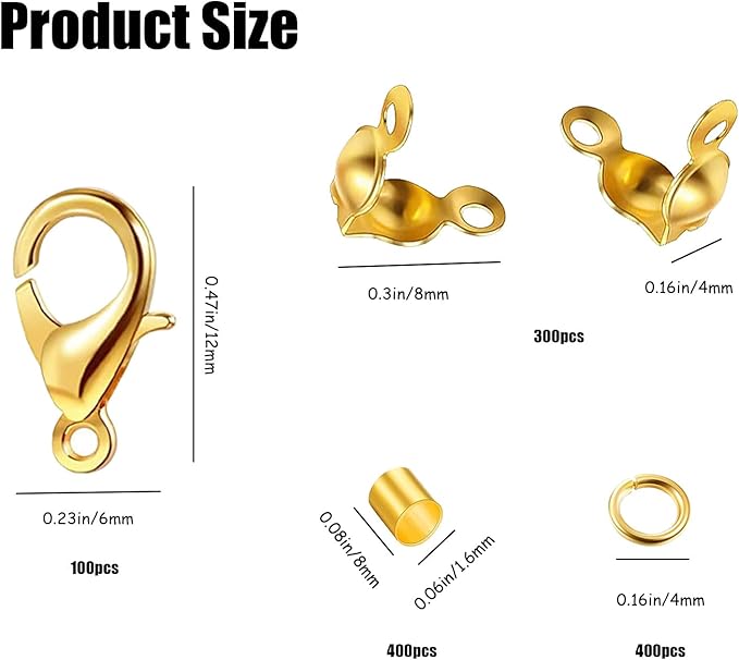 1200 Pcs Jewelry Making Accessories Set with 100 Pieces Lobster Claw Clasp 300 Pieces Bead Tips Knot Covers 400 Pieces Crimp Tube Beads and 400 Pieces Open Jump Ring Connectors for DIY Jewelry (Gold)