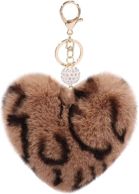Women's Heart Faux Fur Pom Pom Key Chains Bag Accessory Puffball Keyring Backpack Charms for Girls