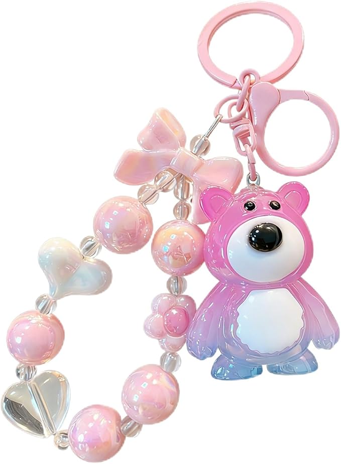 Bear Keychain For Women, Acrylic Bow Heart Flower Beaded Wristlet Gradient Color Colorful Gift Accessories