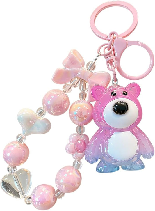 Bear Keychain For Women, Acrylic Bow Heart Flower Beaded Wristlet Gradient Color Colorful Gift Accessories
