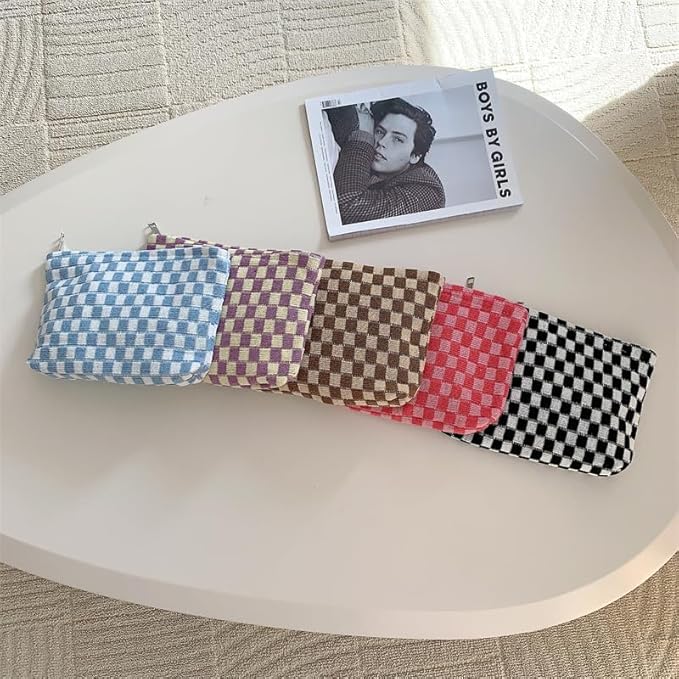 PAZIMIIK Knitted Checkered Makeup Bag Large Zipper Make Up Accessory Pouch for Purse Cosmetic Brush Bag for Travel Essential,Coffee