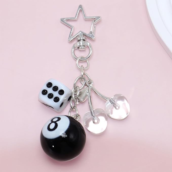 8 Ball Dice Keychain, Y2k Dice Purse Bag Charm with Cherry Star Heart Handbag Accessories for Women Men