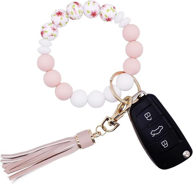 BIHRTC Key Ring Bracelet Car Keychain Holder Wristlet Silicone Women Beaded Bangle Chains