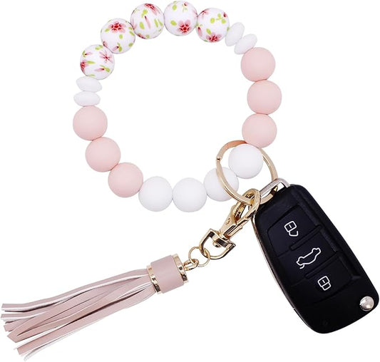 BIHRTC Key Ring Bracelet Car Keychain Holder Wristlet Silicone Women Beaded Bangle Chains
