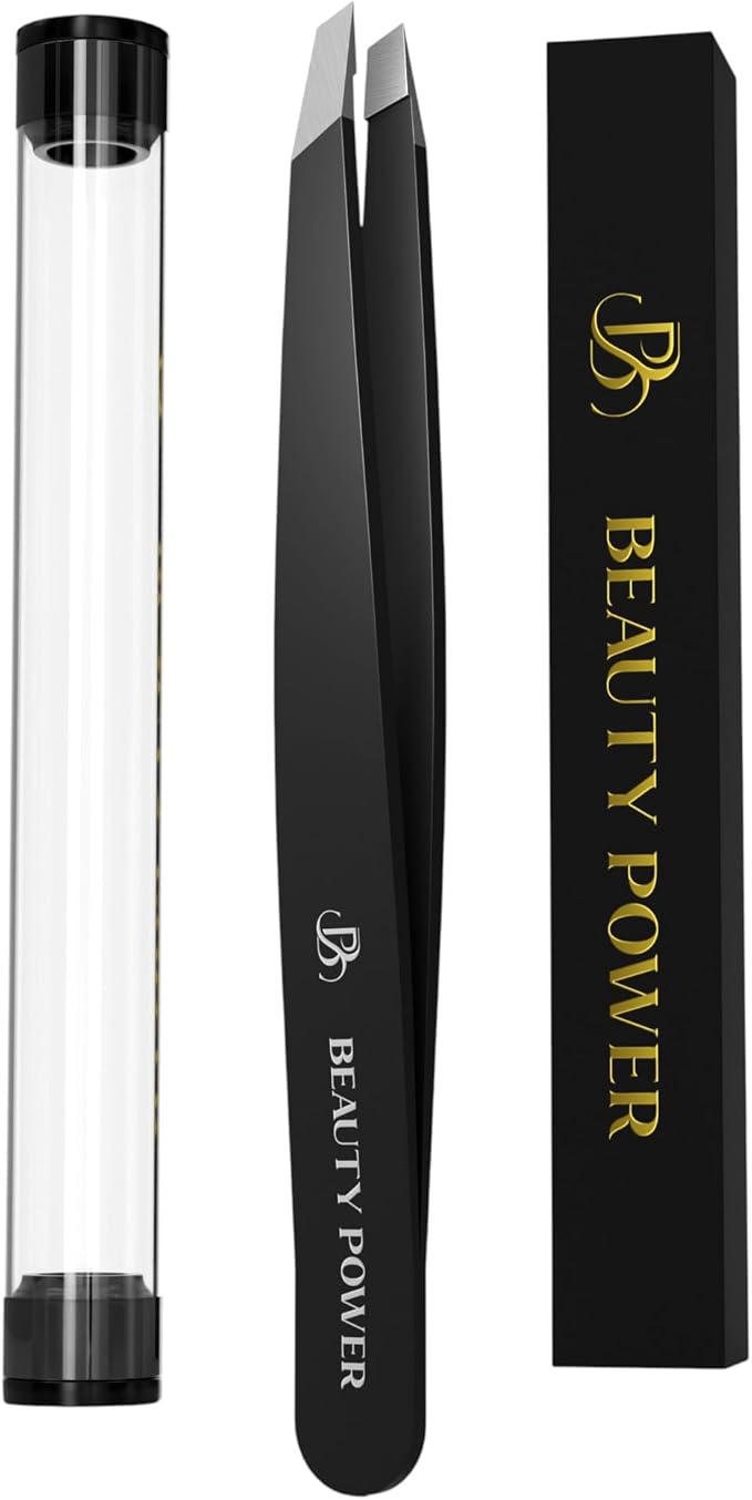 Beauty Power Professional Ultra-Precision Slant Tweezers for Women Facial Hair - German Stainless Steel, Tweezers for Men & Women, Black Eyebrow Tweezer for Ingrown Hair - Black