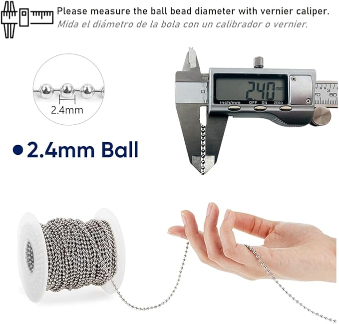 Ball Bead Chain Stainless Steel 36 Feet, Silver Metal #3 Bead Chain with 50pcs Connectors Clasps, Dog Tag Necklace Key Chains for Making DIY Crafts, 2.4mm Ball, 1 Roll 11 Meters