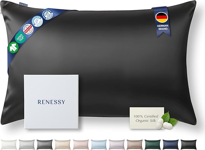 RENESSY Premium Silk Pillowcase 100% Organic Mulberry Silk, 22 Momme, Grade 6A - Oeko-Tex Certified in Germany - Luxury for Hair & Skin, 1 Piece (Standard Size 20x26 Inches, Black)