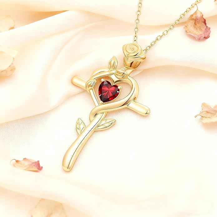 Midari 18K Yellow Gold Cross Pendant Rose Birthstone Necklaces for Women Christian Cross Jewelry with 12 Months Birthstone Birthday Gifts for Wife Her Daughter Mom