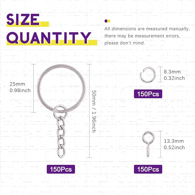 Swpeet 450 Pcs 1 Inch 25mm Sliver Flat Key Chain Rings Kit, Including Split Keychain Rings with Chain and Jump Ring with Screw Eye Pins for Jewelry Making