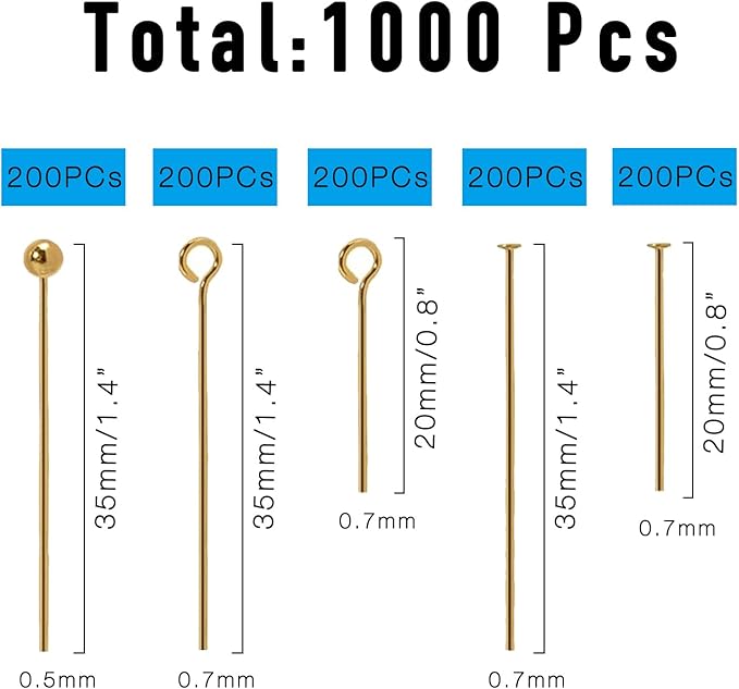 Jewelry Making Head Pins and Eye Pins Set, 1000 Pieces, Stainless Steel, Mixed Finishes (Gold Plated)