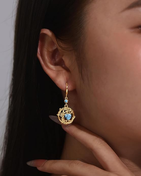 FANCIME Tree of Life Dangle Drop Earrings 925 Sterling Silver Dainty Round Gemstone Birthstone Earring Fine Jewelry Birthday Christmas Gifts for Her Women