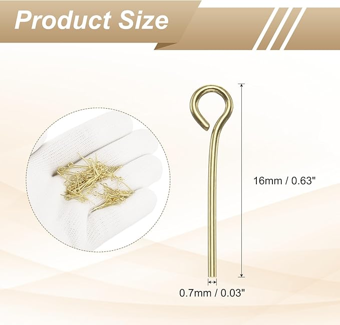 HARFINGTON 100pcs Open Eye Head Pins 0.63" 16mm Mini Metal Wire Eye Pins Beading Small Needles Bulk for Earring Pendant Necklace Bracelet Charm Jewelry Making Findings DIY Craft, 14K Gold