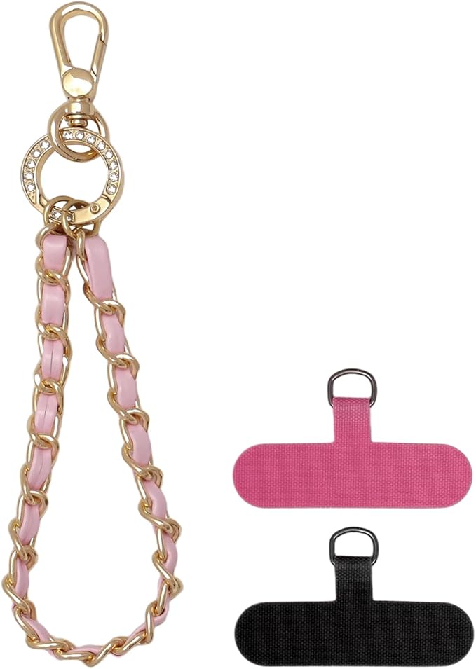 Phone Wrist Strap with Metal Chain Phone Lanyard Wrist with 2 Tether Tabs Metal Leather Cellphone Charm Phone Chain