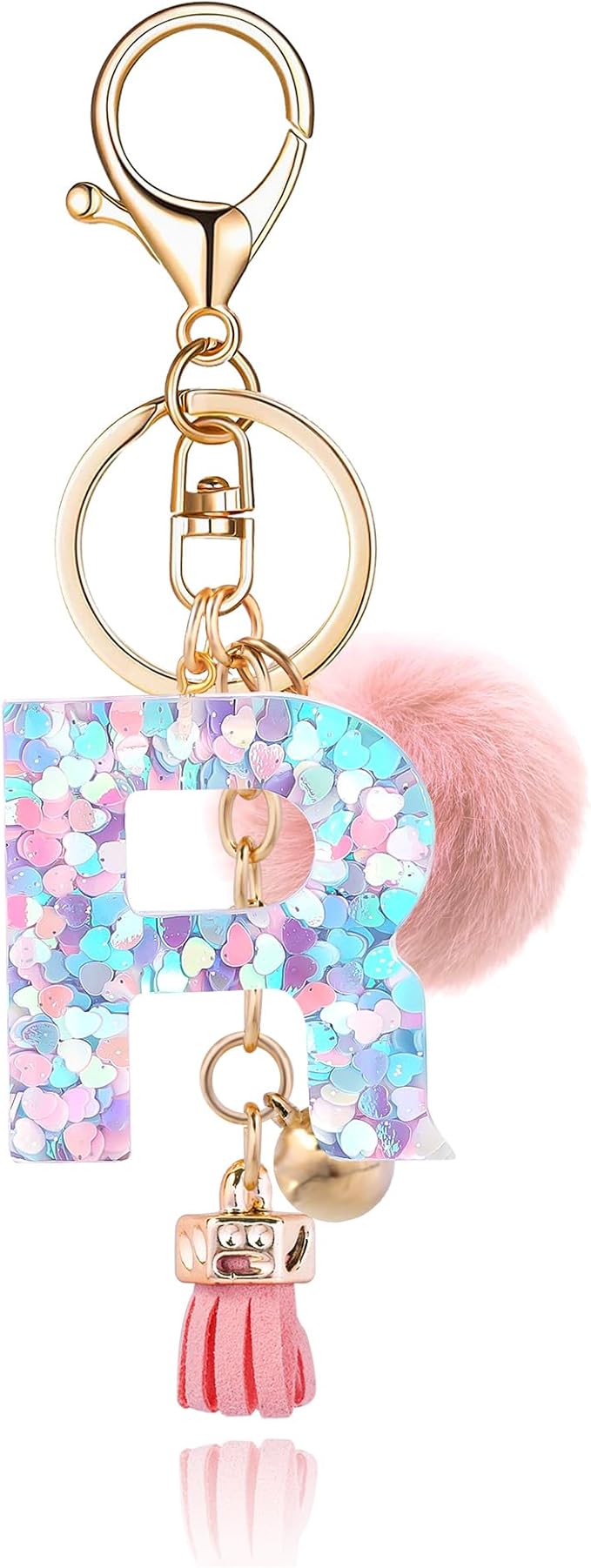 Resin Alphabet Initial Letter Keychain Keyring for Women Purse Handbags With Fur Ball Pom
