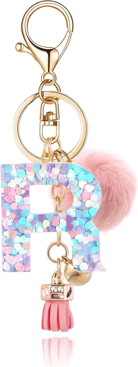 Resin Alphabet Initial Letter Keychain Keyring for Women Purse Handbags With Fur Ball Pom