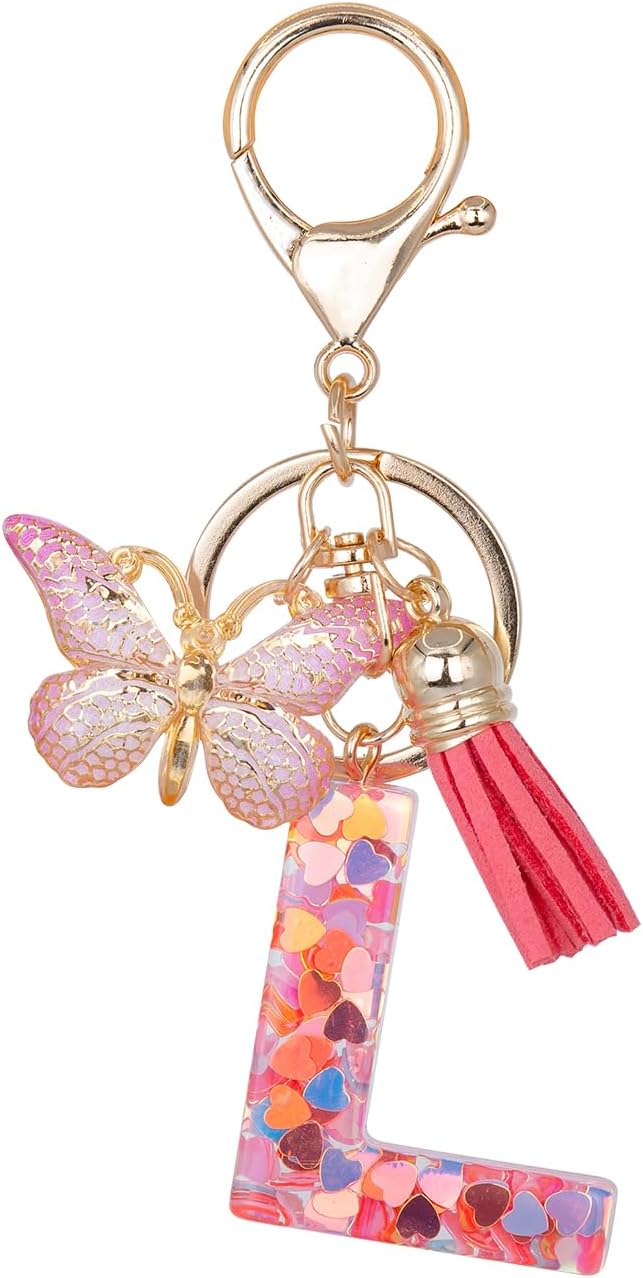 Initial Keychain Cute Pink Resin Letter and Butterfly Charms Keychains for Backpack Purses
