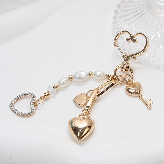 Pearl Beaded Keychain Charms, Cute Purse Charms for Handbags, Gold Starfish Keyring for Women, Heart Star Moon Shell