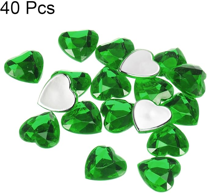 MECCANIXITY 40 Pcs Acrylic Heart Rhinestone 15mm Flat Back Plastic Gems Jewelry Stickers for Craft Bead Face Painting Costume Jewelry Making, Dark Green