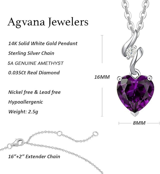 AGVANA Christmas Gifts 14K Solid White Gold Diamond Gemstone Pendant with Sterling Silver Chain 8mm Heart Birthstone Necklace Fine Jewelry Anniversary Birthday Gifts for Women Mom Wife