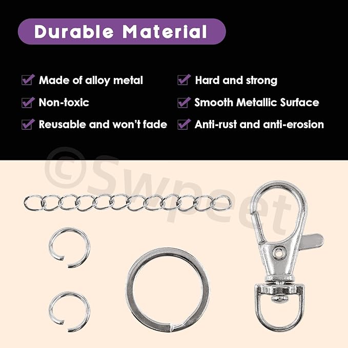 Swpeet 125Pcs Silver Keychain Making Set, 25Pcs Swivel Lanyard Snap Hook, 25Pcs Keychain Ring, 25P Extender Chains, 50P Open Jump Rings, Swivel Lobster Clasps, Keychains Clips