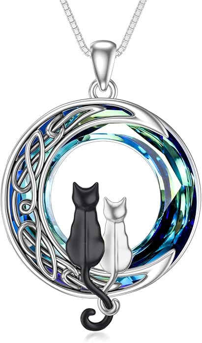 TOUPOP Cat Gifts for Cat Lovers One Two Three Four Cats Necklace Sterling Silver Cats on the Moon Pendant Necklace with Blue Circle Crystal Birthday Christmas Celtic Jewelry Gifts for Women