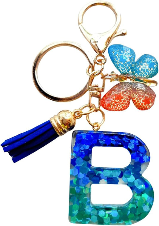 Cute Initial Letter Keychains for Women Girls Tassel Butterfly Pink Purple Green Keychain for Backpack School Bag