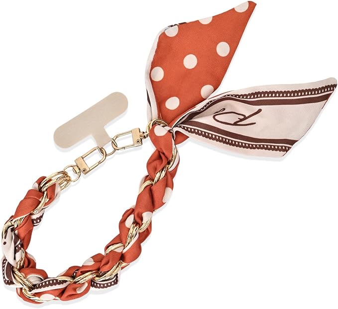 Fycyko Phone Wrist Strap with Gold Metal Scarf and Universal Tether Tab, Aesthetic Print Design Ribbon Chain, Multi-Purpose Accessories for Bag Key Cellphone for Men Women Girls-Orange Polka Dot