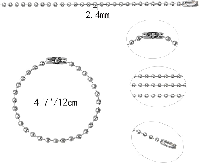 200 Pcs Ball Bead Chain Bulk Keychain 4.7 Inch Metal Dog Tag Small Chains with Connectors for Hanging Decoration